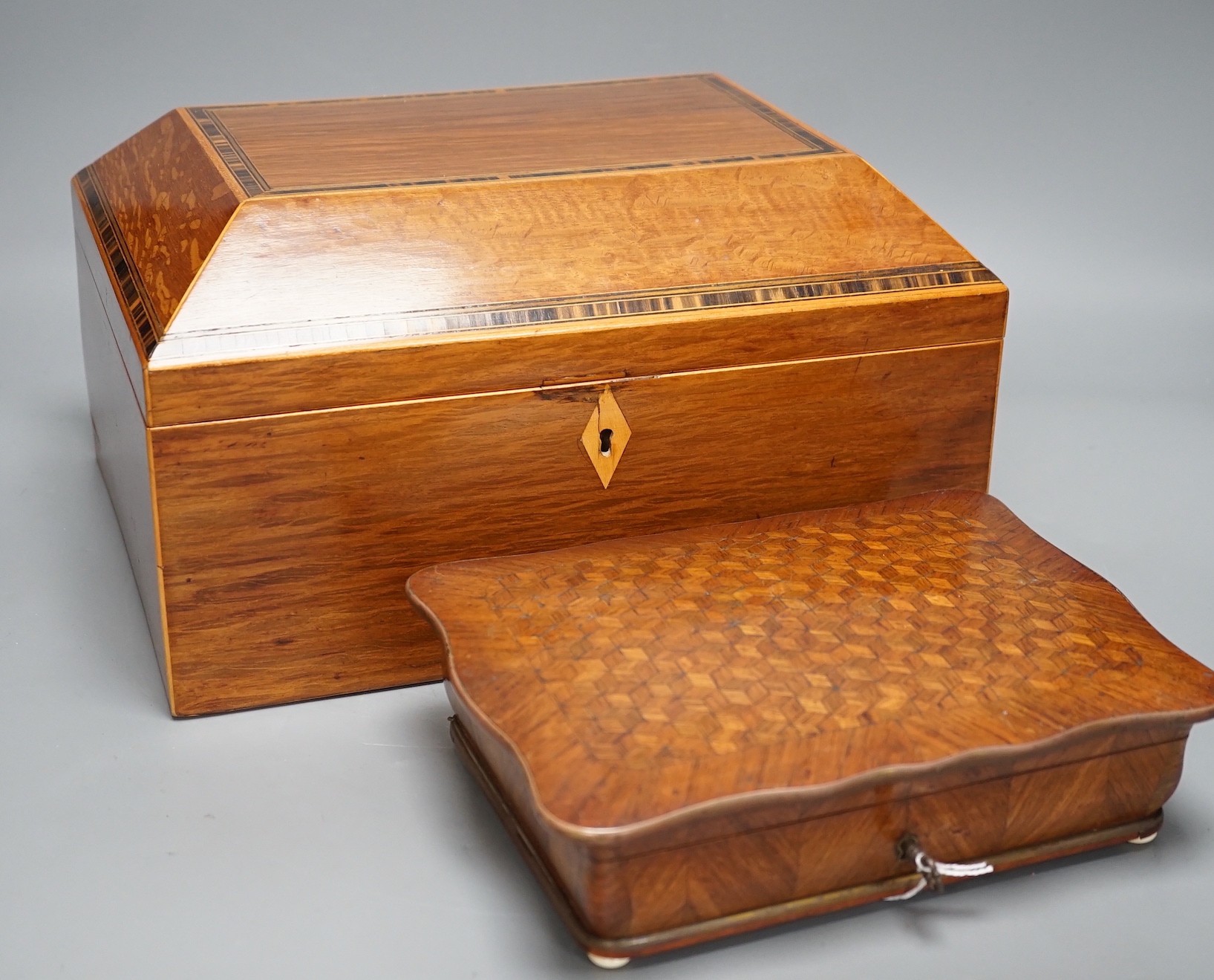 A 19th century partridge-wood and coromandel banded sewing box, together with a French parquetry kingwood jewellery box, with turned bone feet, largest 32cm wide